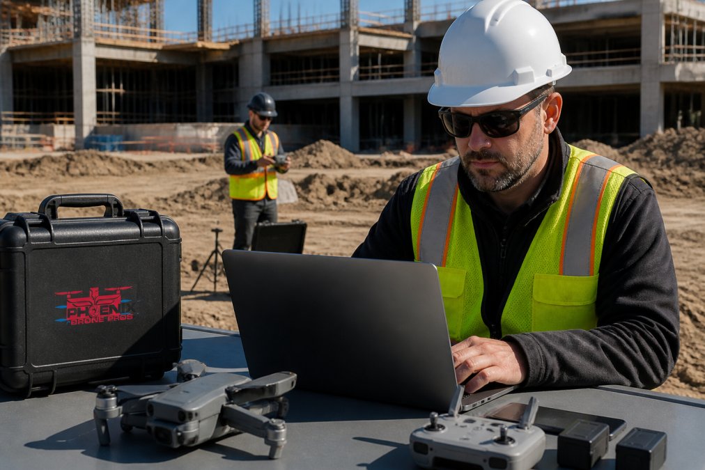 A project manager reviewing aerial footage on a laptop at a construction site, with a drone pilot in the background preparing equipment under bright daylight