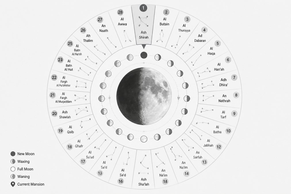 Circular diagram showing the 28 lunar mansions arranged around a moon cycle, with mansion names labeled and the current moon phase highlighted
