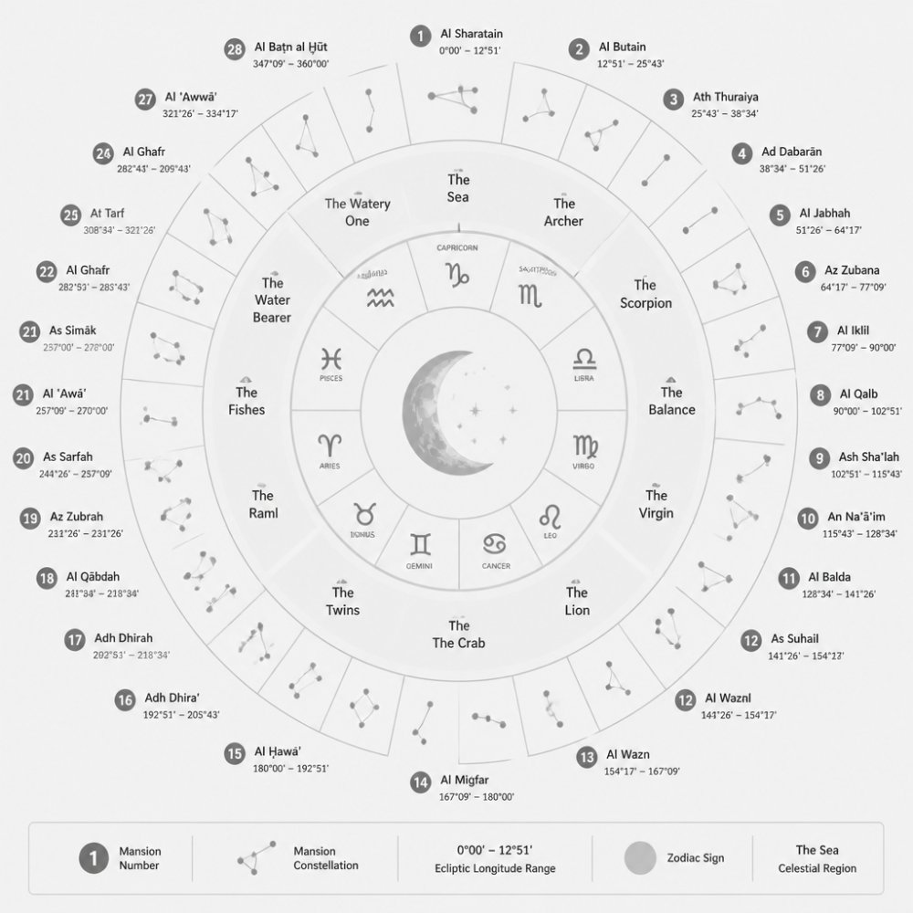 Circular diagram showing the 28 lunar mansions arranged around the zodiac wheel, with mansion names, degrees, and their associated celestial regions labeled