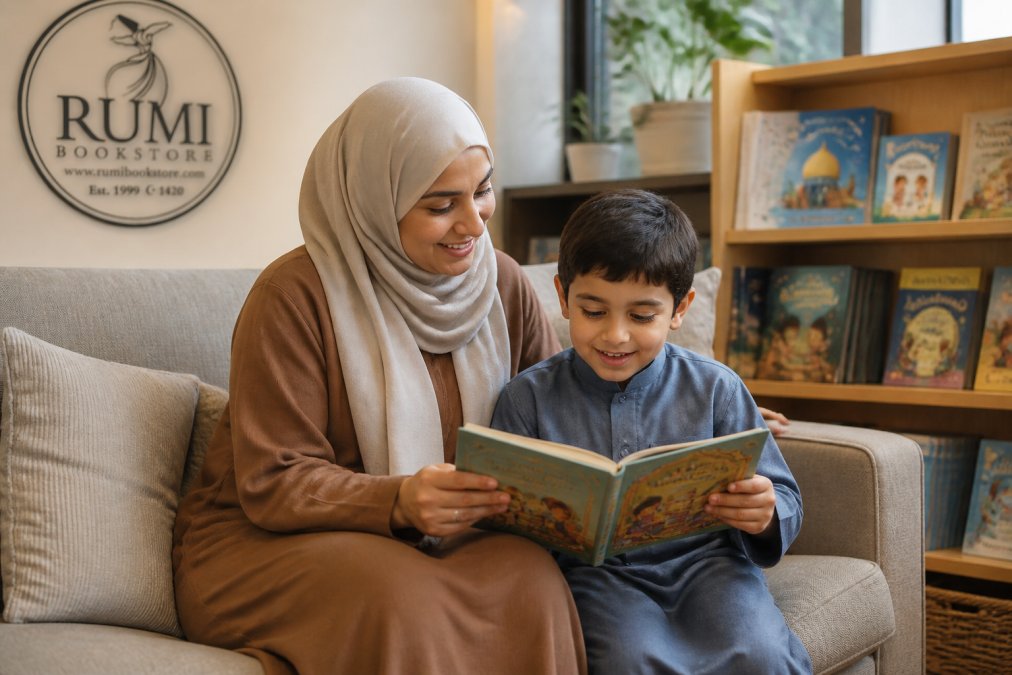 A parent and child sitting on a cozy couch reading an Islamic storybook together, with a small bookshelf of children's books in the background