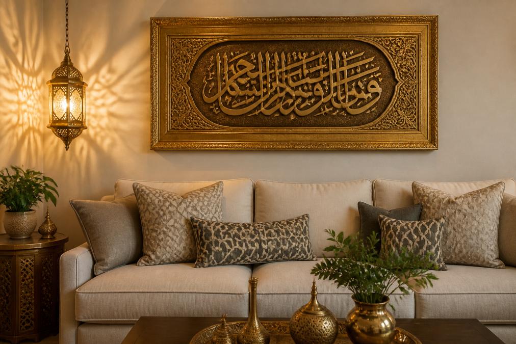 A beautifully styled living room with ornate Arabic calligraphy wall art in a gold frame mounted above a neutral linen sofa, warm amber lamplight casting soft shadows through the metalwork, geometric patterned cushions in muted tones arranged on the sofa