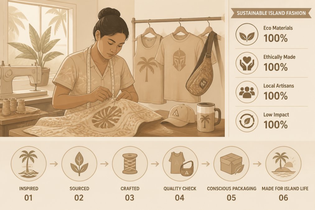 Artisan hands working on hand-crafted island-inspired textile or garment in a small workshop, showing local craftsmanship and attention to detail, warm natural lighting from workshop windows