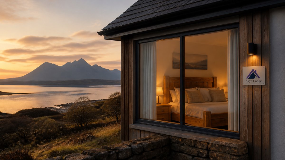 Luxury loch-side lodge at golden hour on the Isle of Skye, offering a scenic alternative to Isle of Skye hotels vs Airbnb.