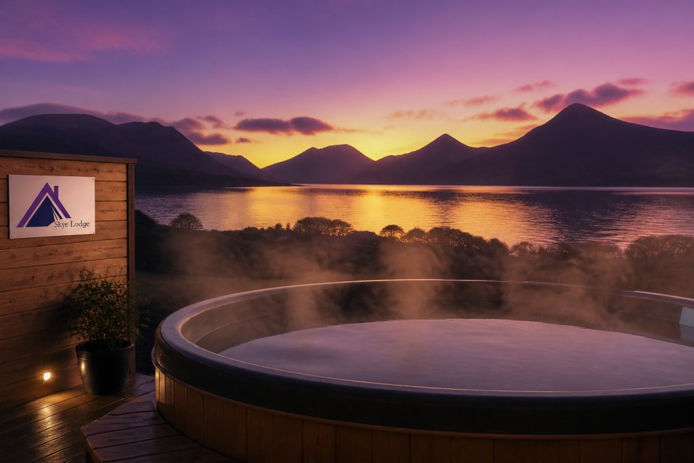 Steaming outdoor hot tub at dusk with Highland mountains silhouetted against purple twilight sky, warm water vapour rising, loch visible in background with golden lighting reflecting off the surface