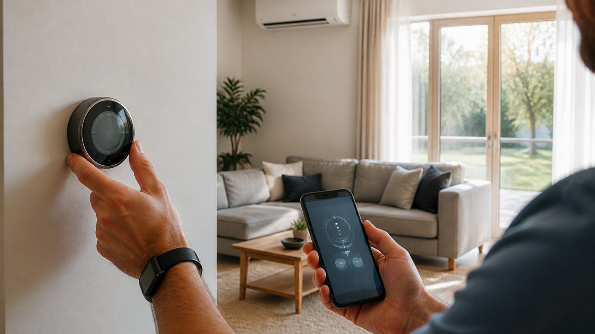 A modern living room with a wall-mounted smart thermostat and a smartphone in a person's hand showing a climate control app, warm natural light through windows