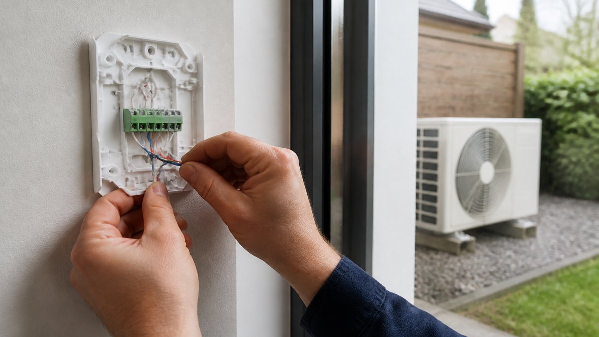 Close-up of a technician's hands connecting OpenTherm wiring to a wall-mounted smart thermostat, with a heat pump outdoor unit visible through a window in the background