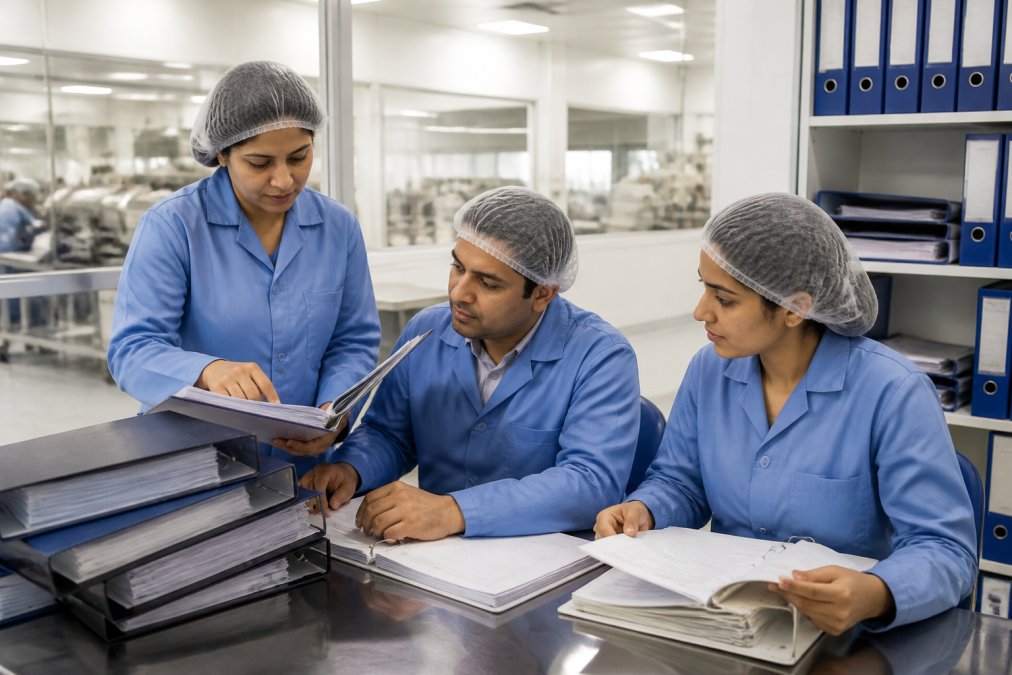 Quality manager and team reviewing documentation to ensure ISO 13485 audit readiness in a medical facility.