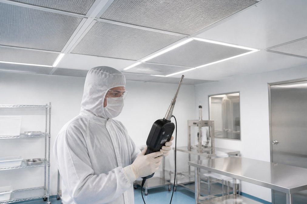 A cleanroom technician in full sterile gowning operating a particle counter inside an ISO Class 5 cleanroom, with HEPA-filtered ceiling panels visible above