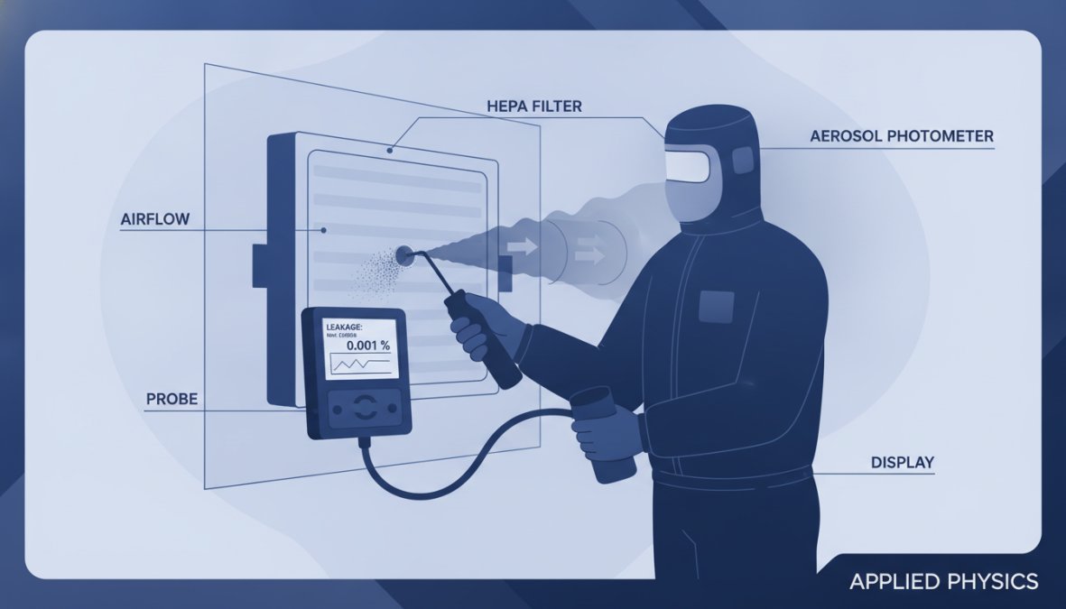 Technician using aerosol photometer probe to scan HEPA filter surface during DOP integrity test, showing the handheld probe and measurement display in a cleanroom setting