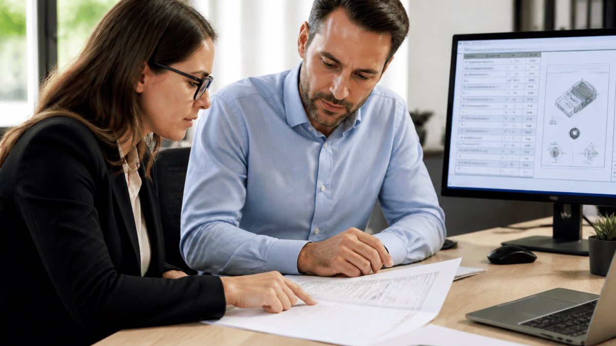 Regulatory affairs manager and quality team member reviewing a risk management plan document together at a desk, with medical device specifications and ISO 14971 checklist visible on a monitor in the background, natural office lighting