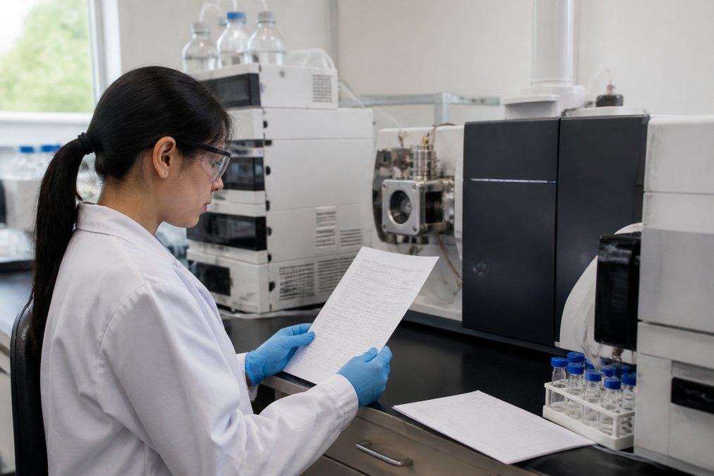 Professional researcher in laboratory setting examining a printed Certificate of Analysis document at a workbench, with HPLC and mass spectrometry equipment visible in the background, natural laboratory lighting