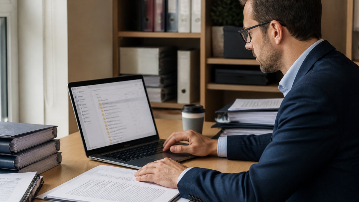 Compliance officer reviewing customized ISO 27001 templates on laptop with printed documentation and risk register visible on professional desk