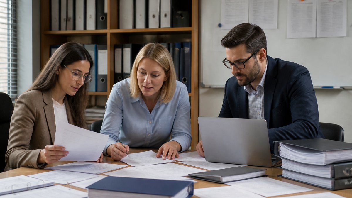 A small office team of three people reviewing printed documents and a laptop screen at a shared desk, with folders and a whiteboard showing document categories in the background