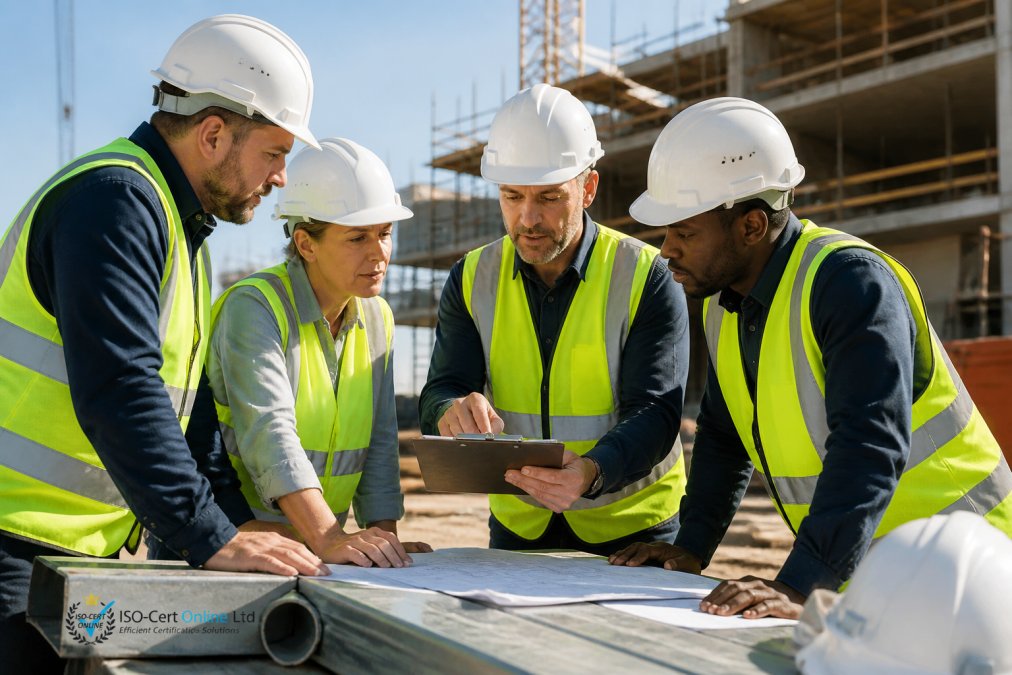 Construction workers in high-visibility gear reviewing safety documents for ISO 45001 certification for construction on site.