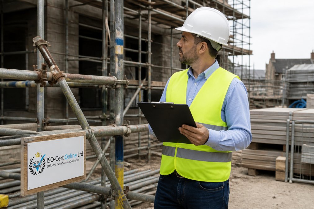 Safety auditor checking site equipment for ISO 45001 certification for construction during a formal compliance inspection.