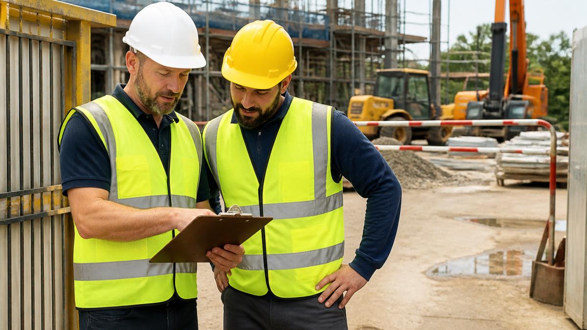 A site supervisor and a contractor in high-visibility vests and hard hats reviewing a safety checklist on a clipboard at a construction site entrance, with scaffolding and equipment in the background