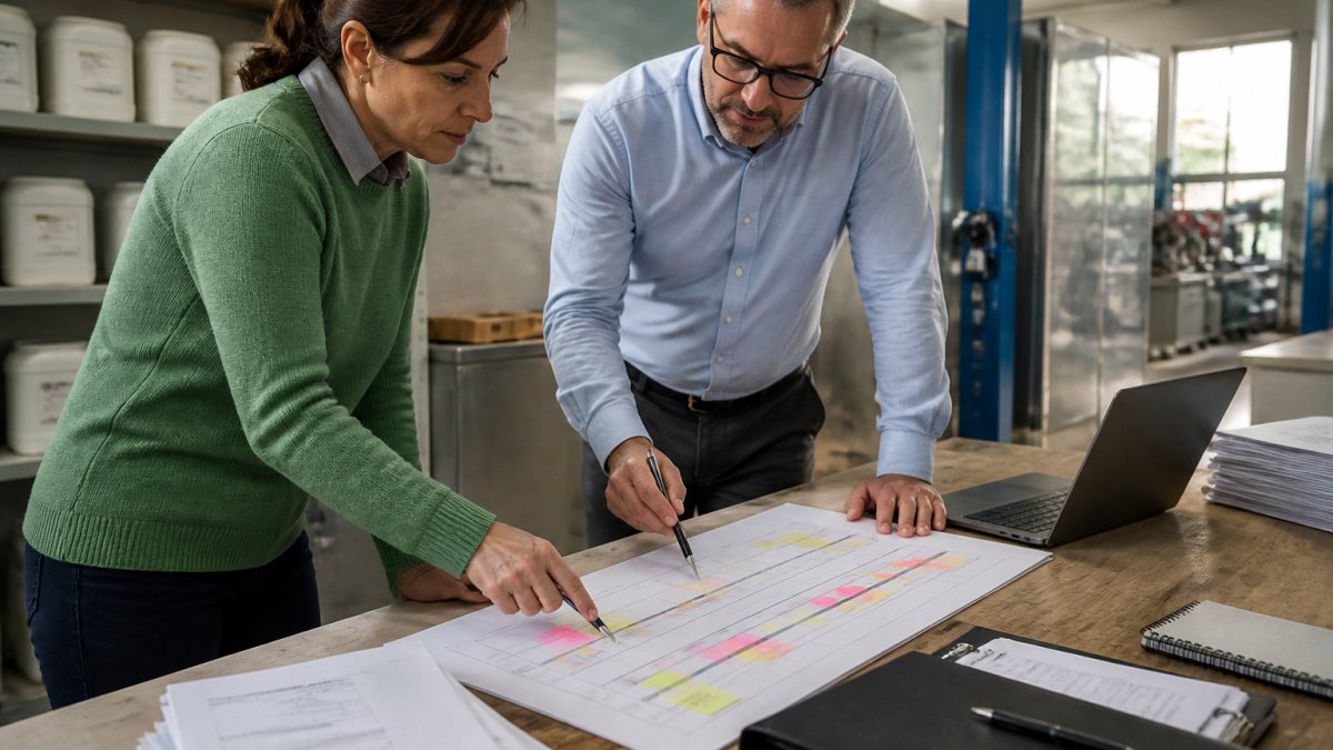 A quality manager and operations director reviewing a printed audit preparation timeline on a meeting room table, with a laptop open and sticky notes marking milestones