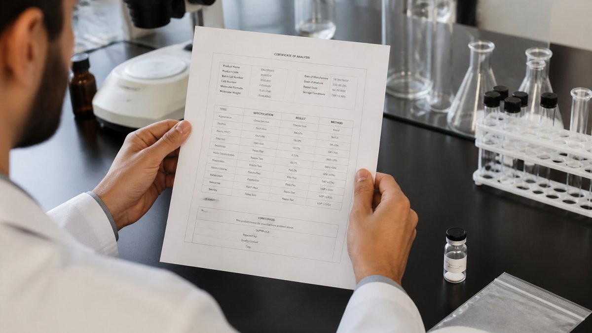 Researcher holding a Certificate of Analysis for ISO 9001 certified peptides at a laboratory bench