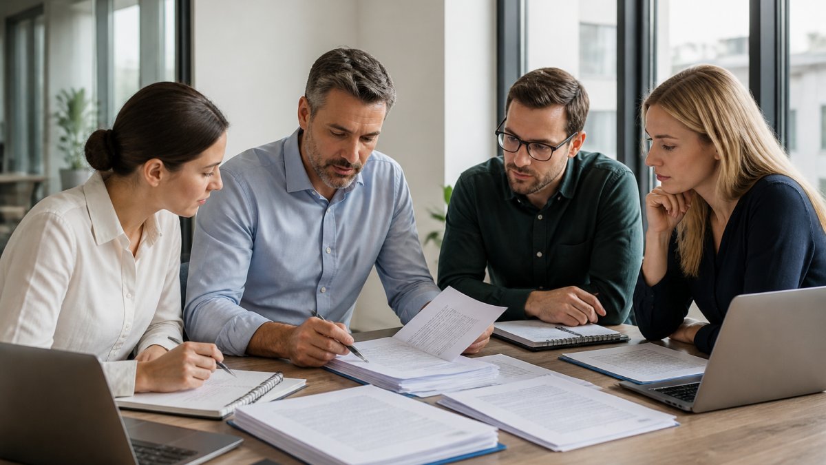 Professional team gathered around a table reviewing printed ISO documentation and implementation plans with laptops and notepads visible in a modern office setting