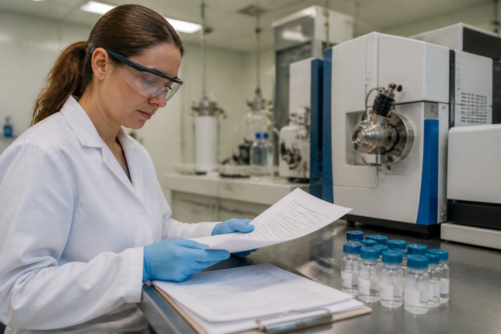 Researcher examining laboratory documents and certificates at a clean workbench with peptide vials and mass spectrometry equipment visible, natural lighting from overhead lab fixtures