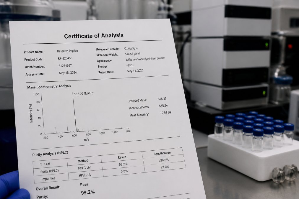 Close-up of a Certificate of Analysis document displaying mass spectrometry results and purity data at 99.2%, with laboratory equipment and peptide vials in the background, professional lighting