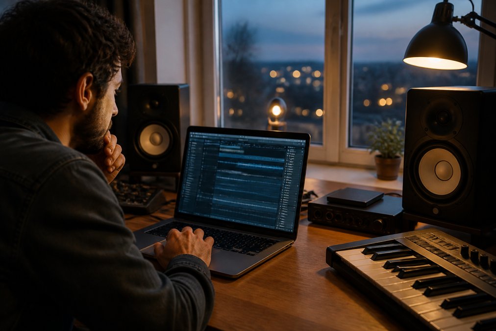 A musician in a home recording studio at dusk, looking at a laptop screen displaying a digital audio workstation with metadata fields visible, studio monitors and a MIDI keyboard nearby