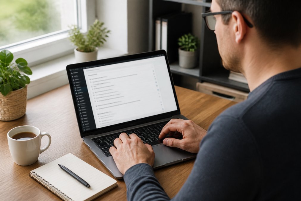 Nahaufnahme einer Person, die auf einem Laptop den WordPress-Admin-Bereich mit Sicherheitseinstellungen durchgeht, ein Notizbuch und eine Tasse Kaffee liegen auf dem Schreibtisch, Tageslicht von einem Fenster links