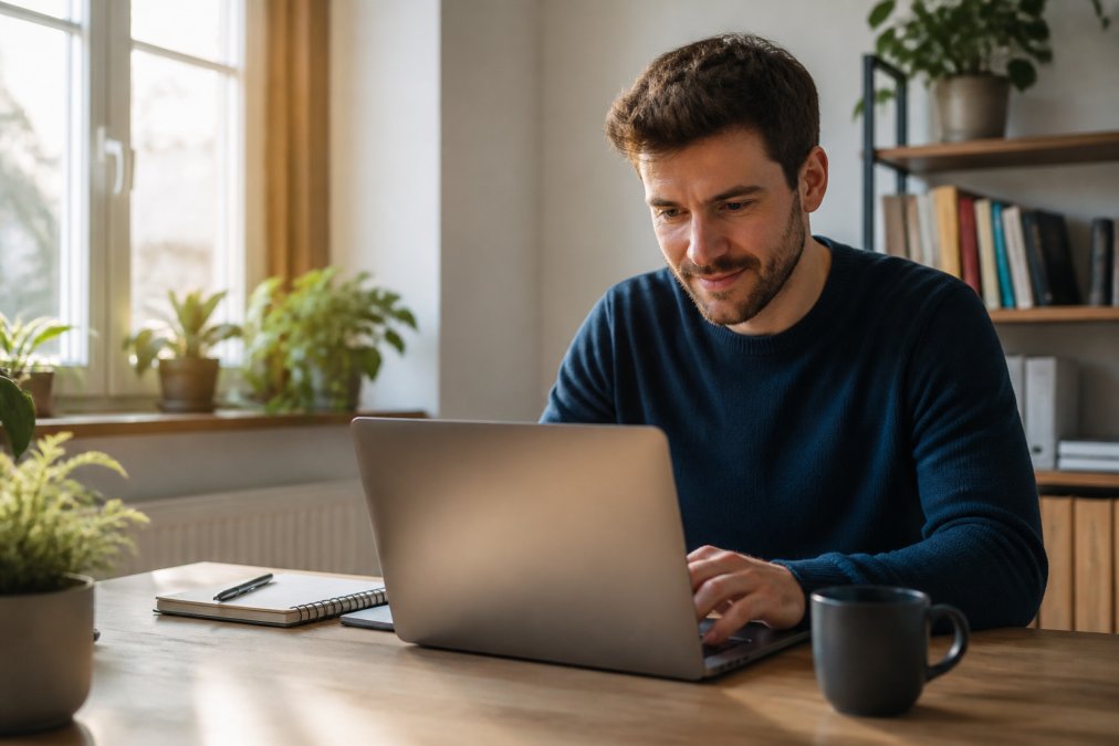 Eine Person sitzt entspannt am Schreibtisch und richtet auf einem Laptop eine WordPress-Website ein, daneben eine Tasse Kaffee und ein Notizblock, warmes Tageslicht vom Fenster