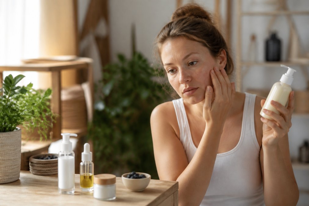 Junge Frau mit empfindlicher Haut testet sanfte Naturkosmetik, hält eine Produktflasche in der Hand, schaut konzentriert auf ihre Haut, weiches Tageslicht von links