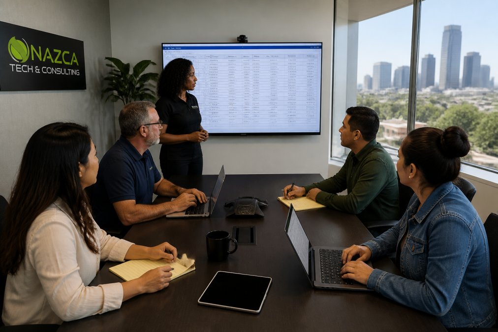 Diverse IT team reviewing a comparison table for a Texas IT alternative in a modern office setting.