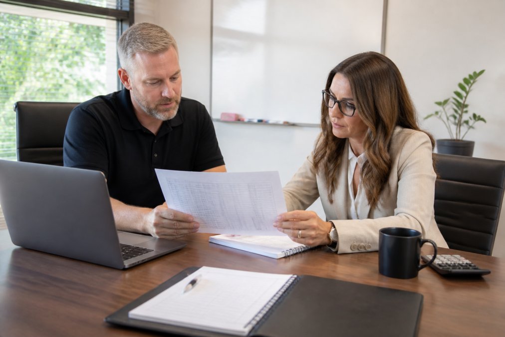 IT manager and office manager reviewing an IT budget structure template on a spreadsheet at a desk