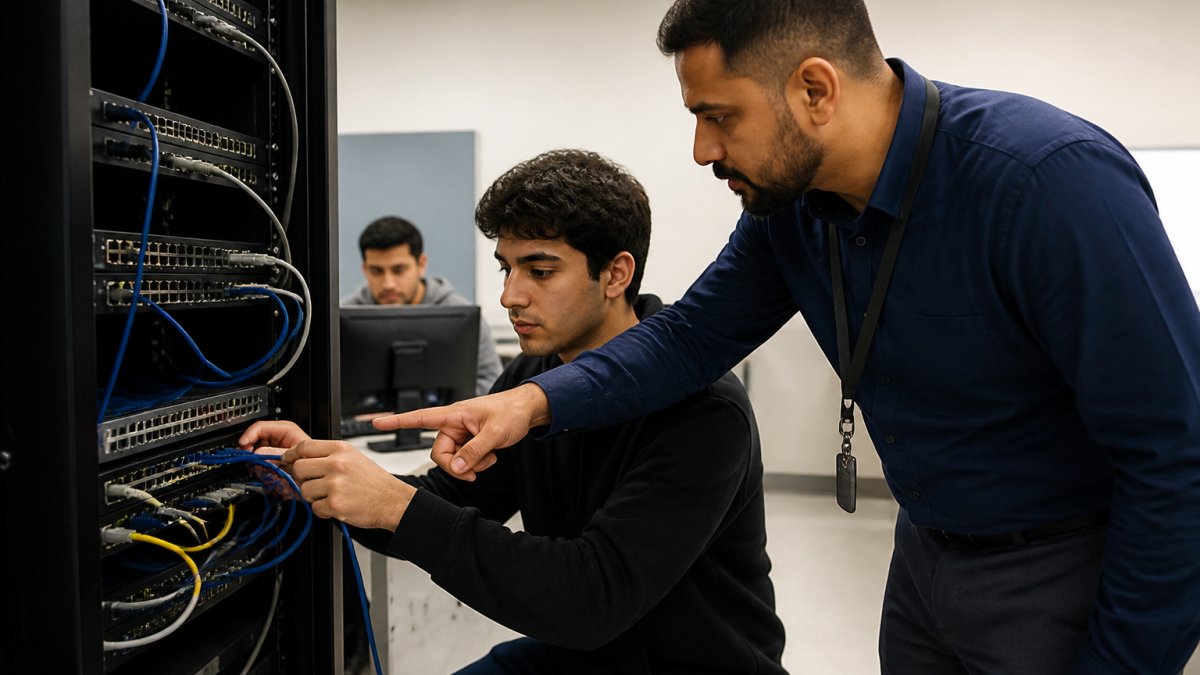 Instructor guiding a student on network equipment during IT career training in a lab