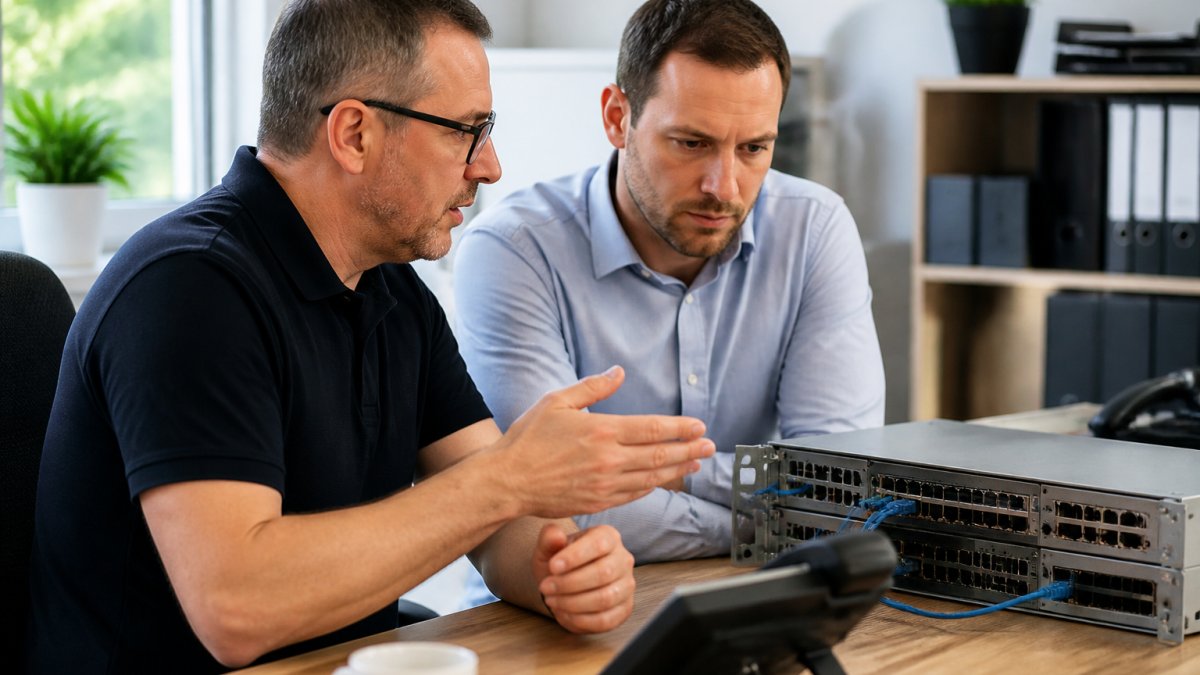 IT support professional discussing network infrastructure with business owner at desk in modern office, both reviewing screen together with natural daylight