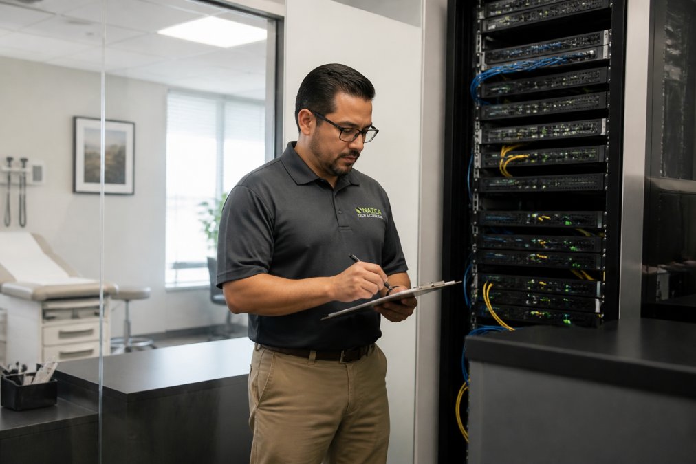 Professional IT consultant reviewing healthcare data security protocols on computer workstation in modern medical clinic office with secure server equipment visible