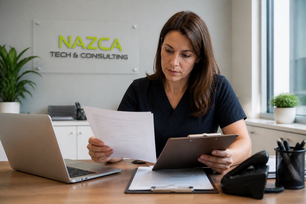 Medical practice manager reviewing IT service documentation and comparing provider options at desk with laptop and clipboard in modern clinic office