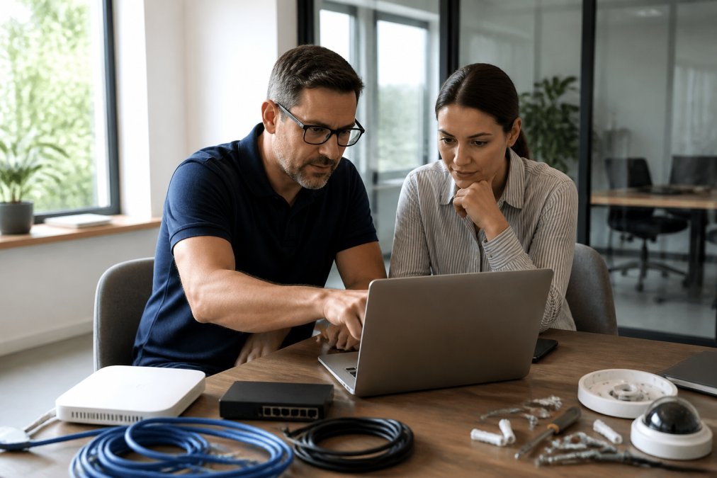Business owner and IT consultant reviewing network infrastructure and security setup on a laptop in a modern office environment with natural lighting