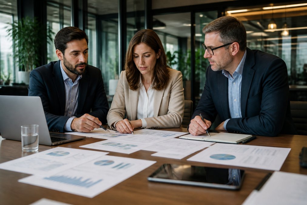 Team of professionals analyzing business metrics and growth charts on a computer screen during a strategy meeting in a modern conference room