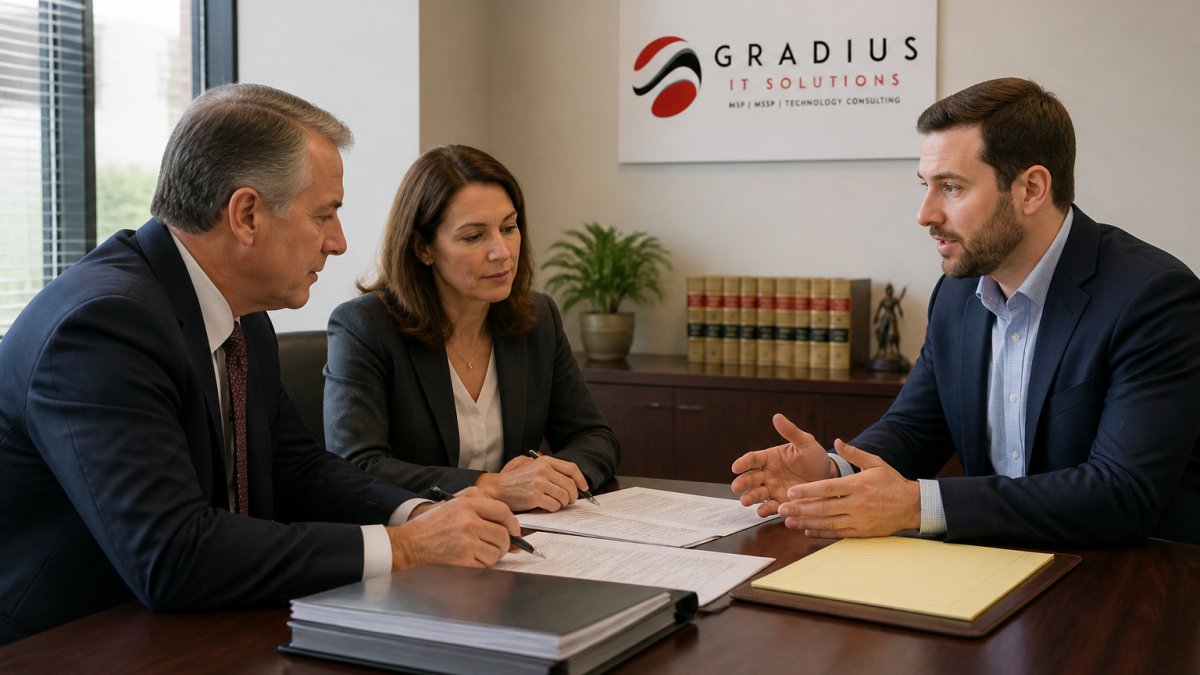 IT consultant discussing technology strategy with law firm partners during an IT consulting for small law firms meeting.
