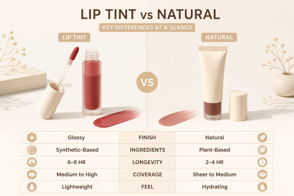 Side-by-side comparison of a traditional lip tint wand and a natural lip stain tube on a clean white surface with natural lighting