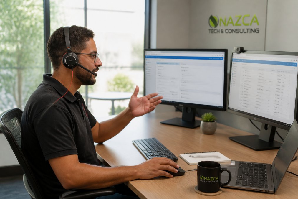 Technician managing an IT help desk for small businesses via a dual-monitor support portal and headset.