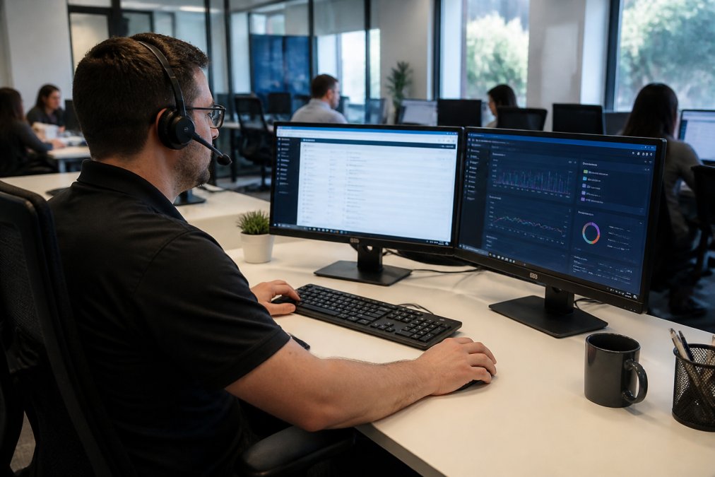 IT support technician providing remote assistance to employee at workstation, with dual monitors displaying ticket management system and network monitoring dashboard in modern office environment