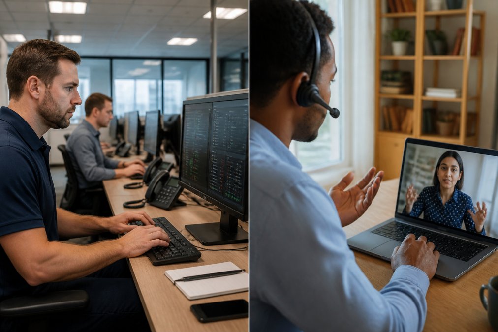 IT support professional assisting remote employee via video conference call, with network monitoring dashboards visible on computer screens in contemporary office setting