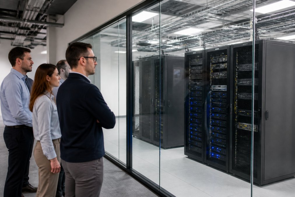 A team of business professionals in business casual attire standing in a modern office, looking through a glass wall into a server room with blinking rack-mounted equipment