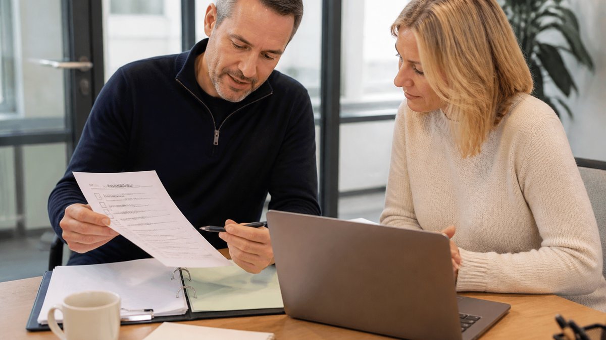 An IT consultant and a small business owner reviewing a printed checklist and an open laptop together at a meeting table in a bright office, documents and a coffee cup nearby
