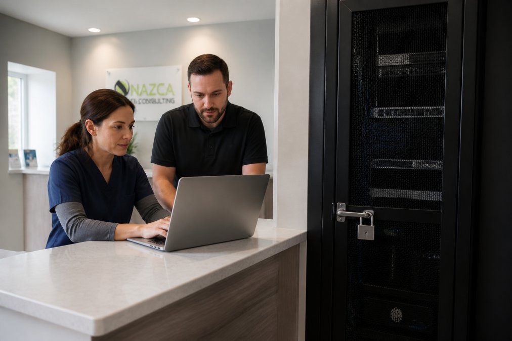 Clinic manager and technician reviewing IT infrastructure support on a laptop near a locked server cabinet