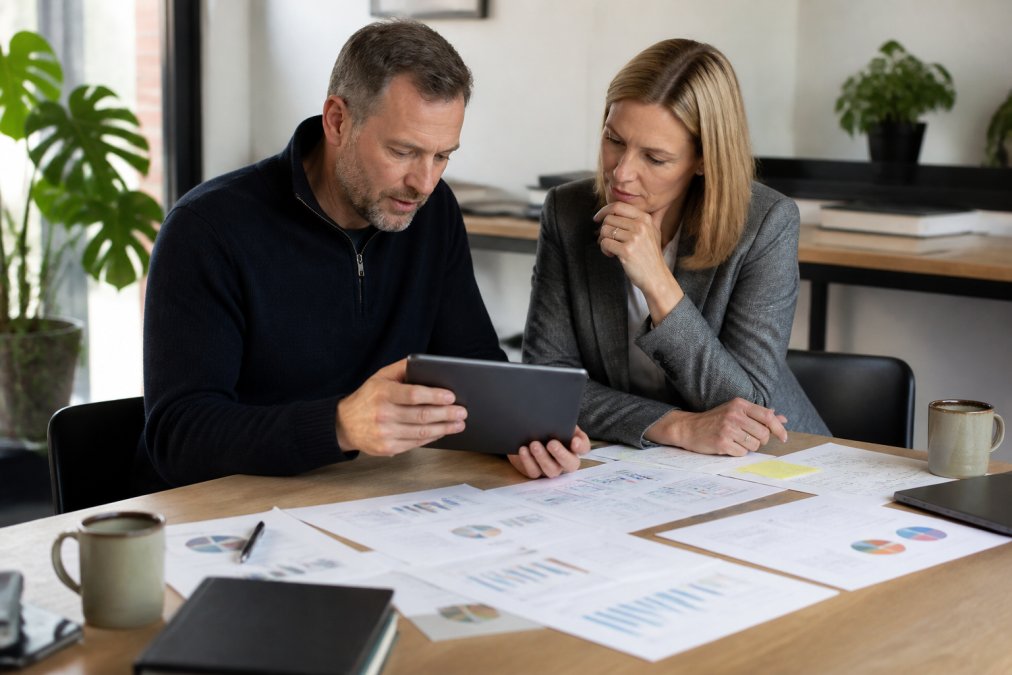 A business owner and IT consultant reviewing a strategic plan on a tablet in a bright office, with printed charts and handwritten notes spread across the desk