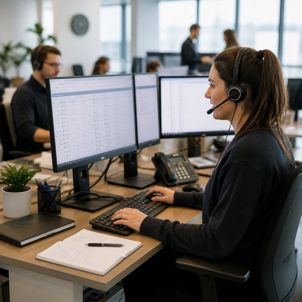 A sales professional wearing a headset working at a desk with two monitors showing CRM data, in a modern bright office with colleagues visible in the background