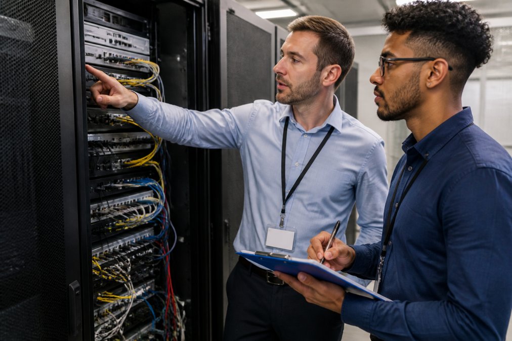 Two IT professionals in a bright modern office discussing a network setup, one pointing at a screen showing system status while the other takes notes on a clipboard