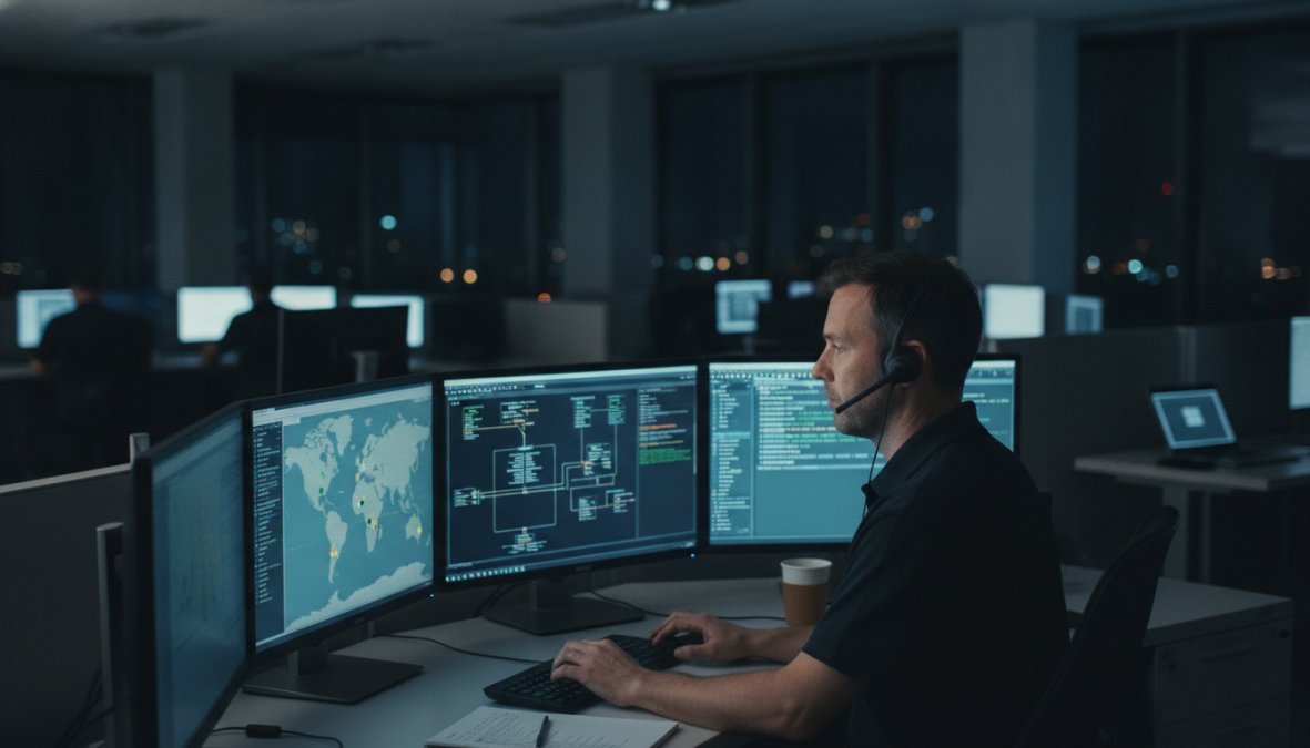 A focused IT support technician in a dimly lit operations centre monitoring multiple screens displaying network dashboards and alert notifications at night