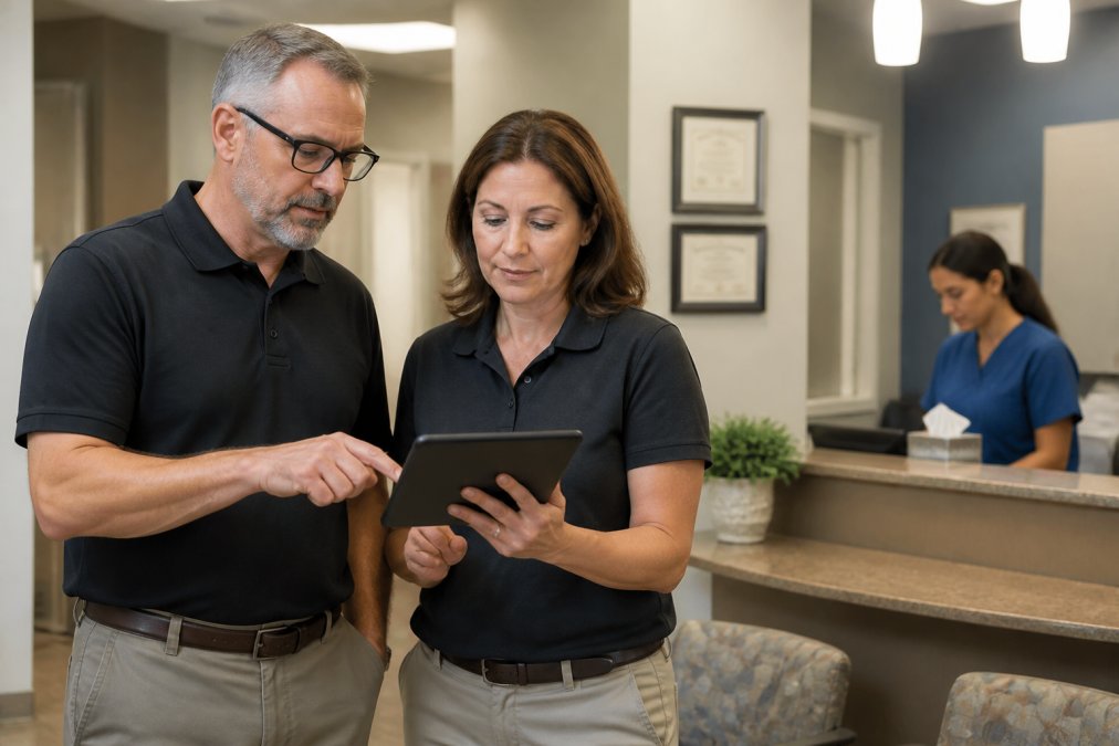 IT professionals reviewing a HIPAA compliance checklist in medical practices